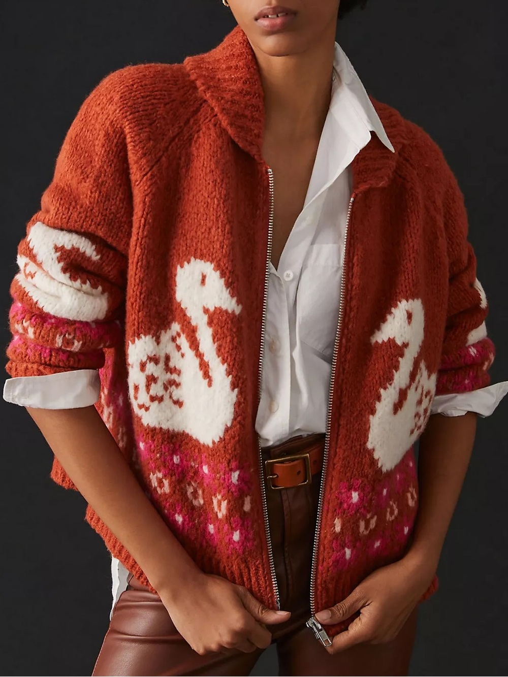 Anthropologie Maeve Zip-Front Duck Swan Cardigan Sweater - Burnt Orange - Large